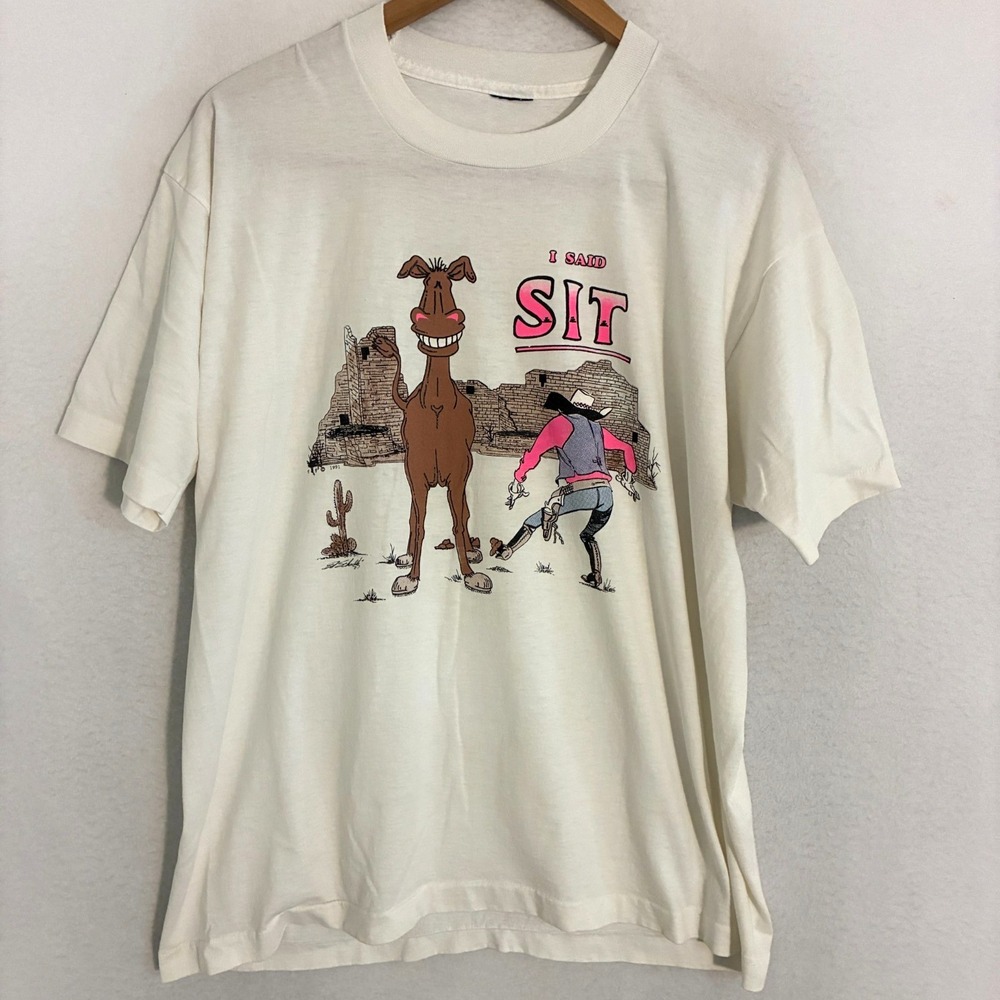 Vtg 90s Horse Cowboy Shirt Fits Adult L Single Stitch Funny Comedy Graphic Tee